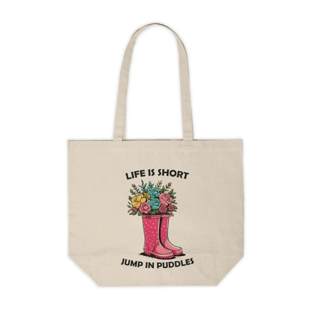 Life is Short, Jump in Puddles Spring Floral Custom Canvas Tote Bag